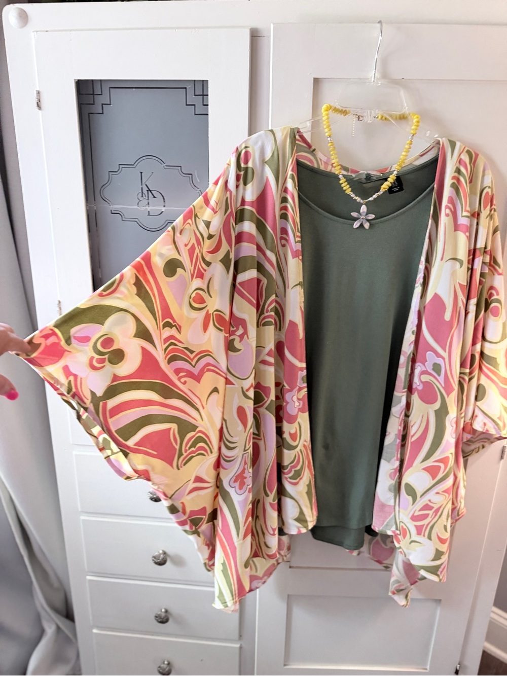 Dear Scarlett yellow, pink and sage design Lightweight Kimono with bat wings